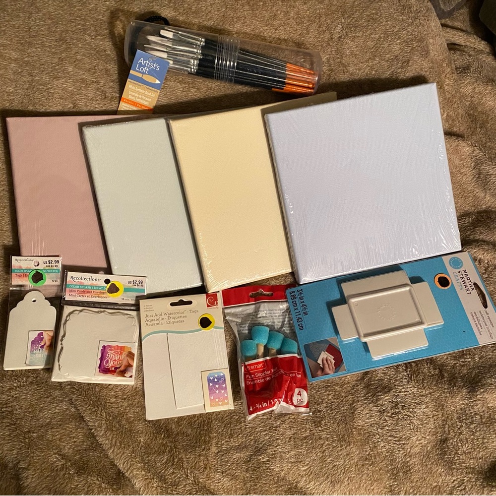 Canvas, paintbrushes, squeegee, doing pouncers, watercolor tag & cards